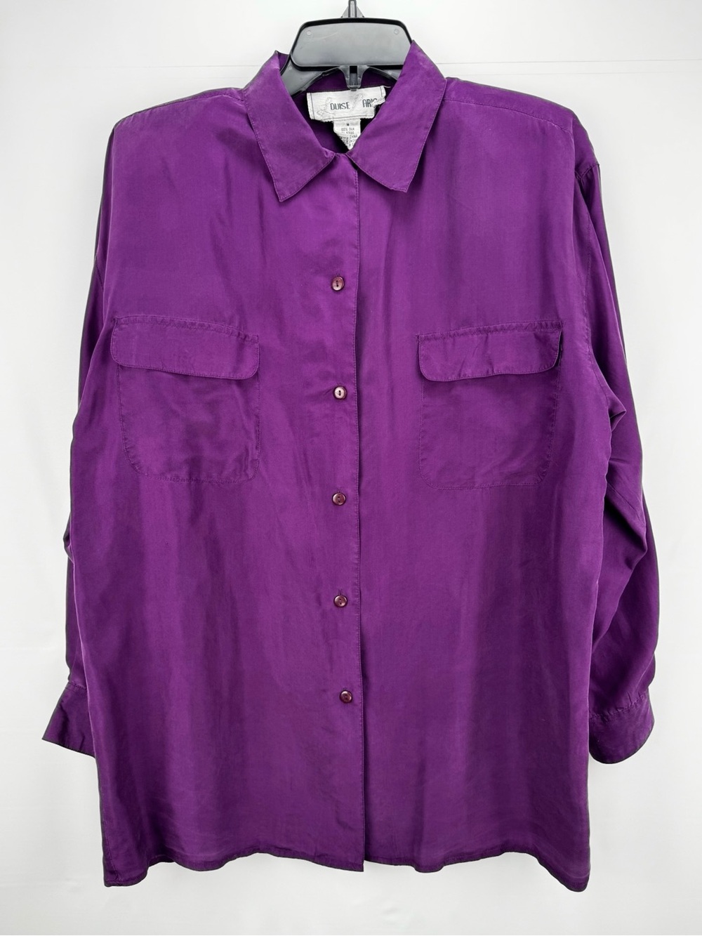 Vibrant Purple Button-Front 100% Silk Long Sleeve Collared Blouse